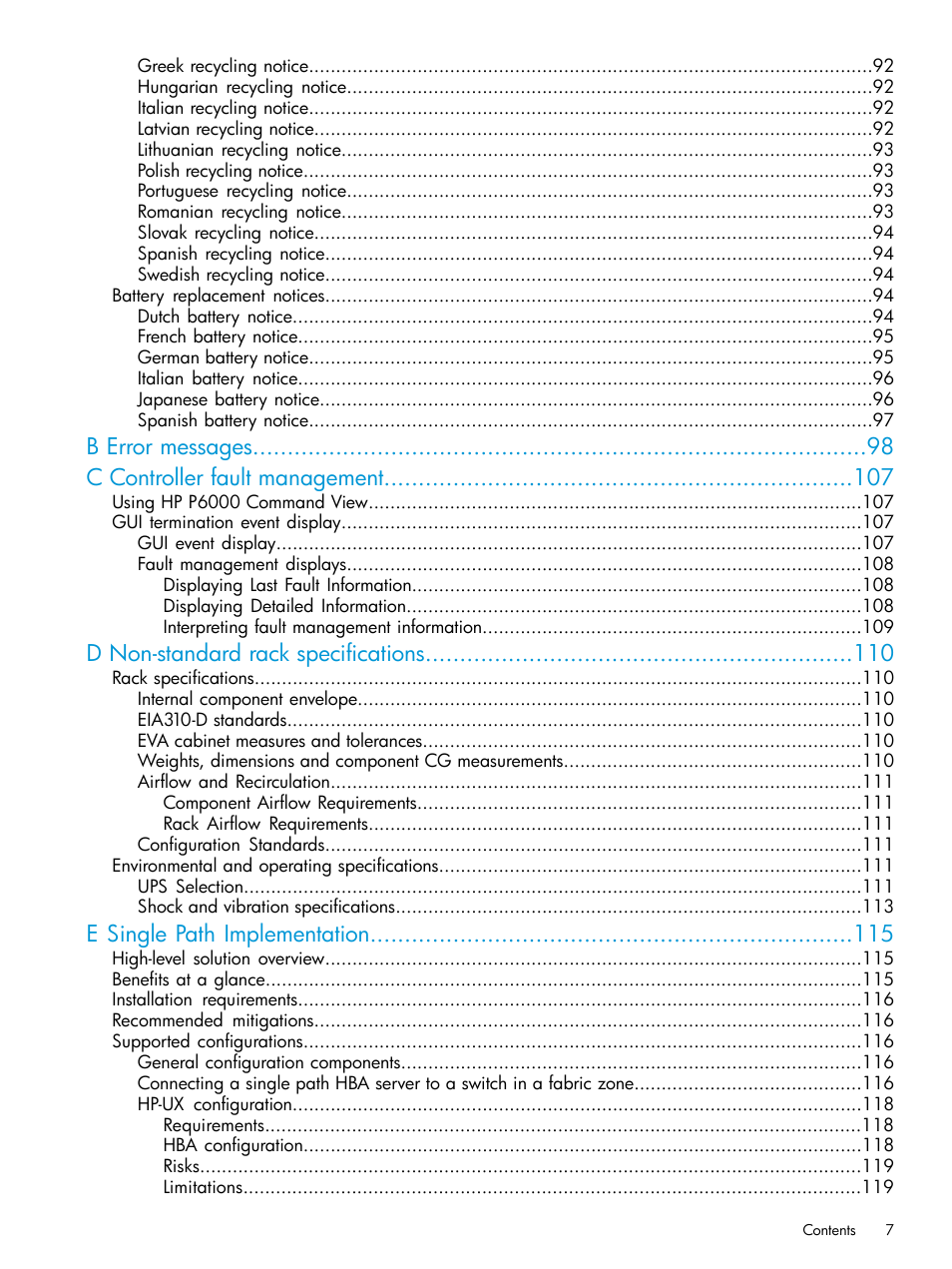 B error messages c controller fault management, D non-standard rack specifications, E single path implementation | HP 6400.8400 Enterprise Virtual Array User Manual | Page 7 / 150