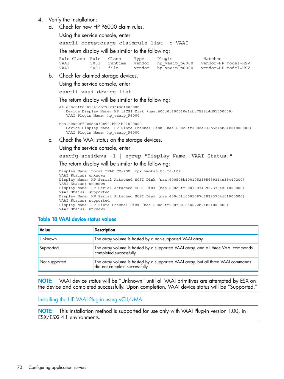 Installing the hp vaai plug-in using vcli/vma | HP 6400.8400 Enterprise Virtual Array User Manual | Page 70 / 150