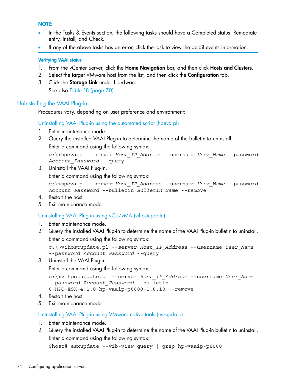 Verifying vaai status, Uninstalling the vaai plug-in | HP 6400.8400 Enterprise Virtual Array User Manual | Page 74 / 150