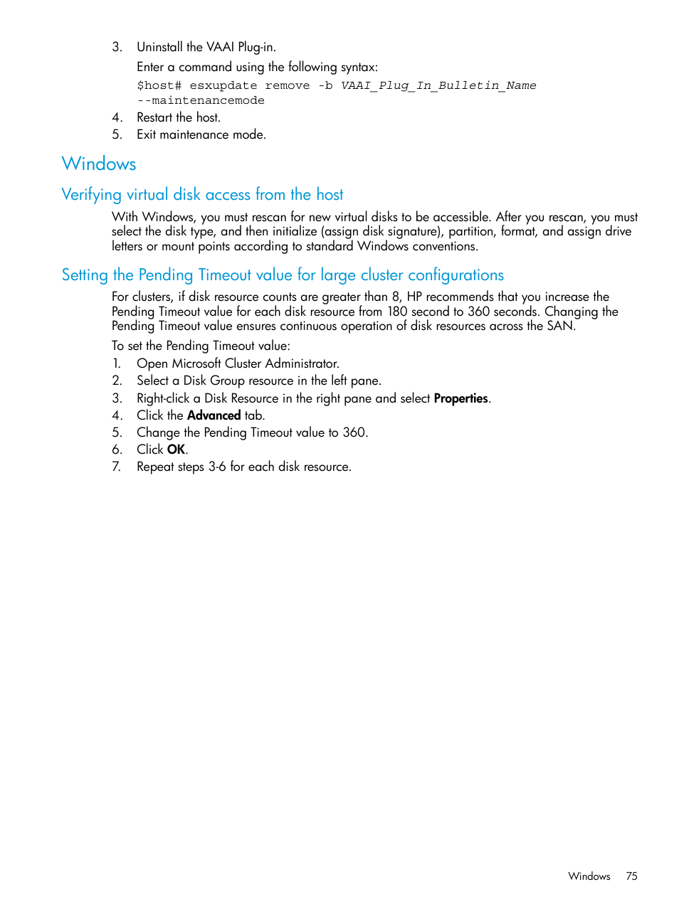 Windows, Verifying virtual disk access from the host | HP 6400.8400 Enterprise Virtual Array User Manual | Page 75 / 150