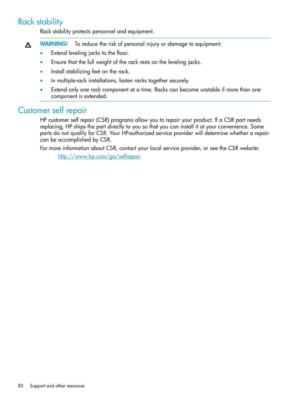 Rack stability, Customer self repair, Rack stability customer self repair | HP 6400.8400 Enterprise Virtual Array User Manual | Page 82 / 150