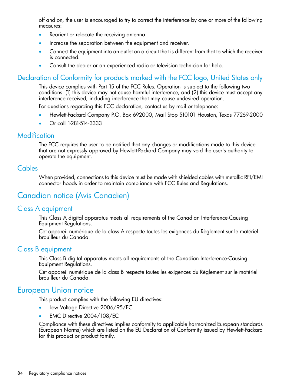 Modification, Cables, Canadian notice (avis canadien) | Class a equipment, Class b equipment, European union notice, Class a equipment class b equipment | HP 6400.8400 Enterprise Virtual Array User Manual | Page 84 / 150