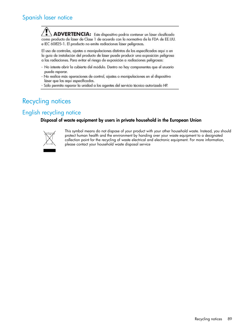 Spanish laser notice, Recycling notices, English recycling notice | HP 6400.8400 Enterprise Virtual Array User Manual | Page 89 / 150