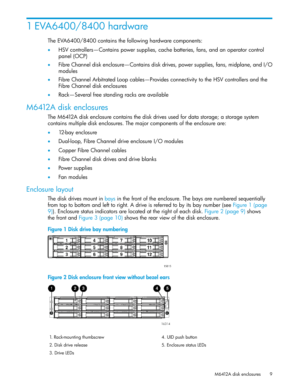 1 eva6400/8400 hardware, M6412a disk enclosures, Enclosure layout | HP 6400.8400 Enterprise Virtual Array User Manual | Page 9 / 150