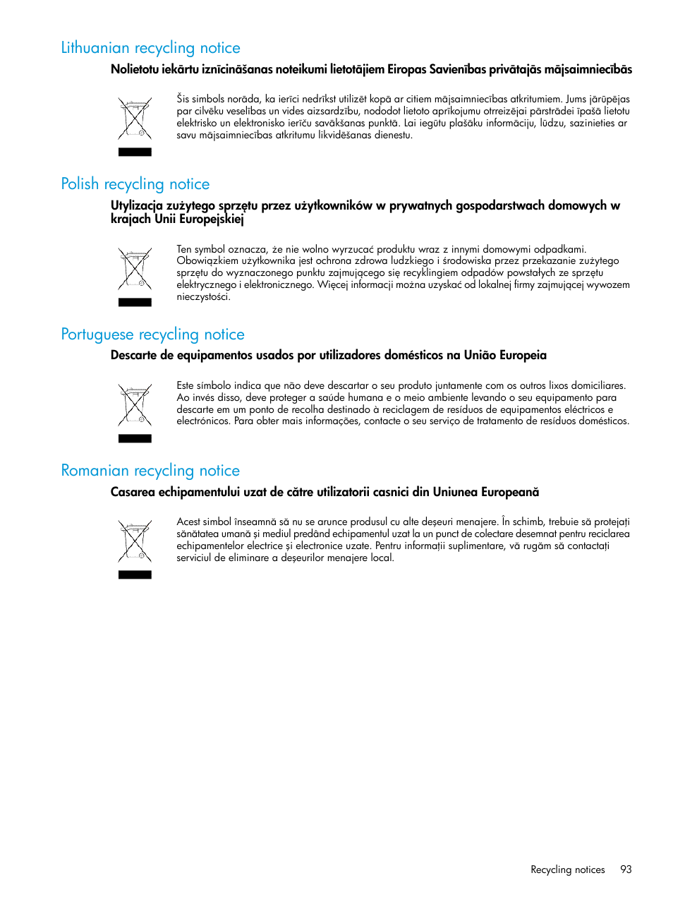 Lithuanian recycling notice, Polish recycling notice, Portuguese recycling notice | Romanian recycling notice | HP 6400.8400 Enterprise Virtual Array User Manual | Page 93 / 150