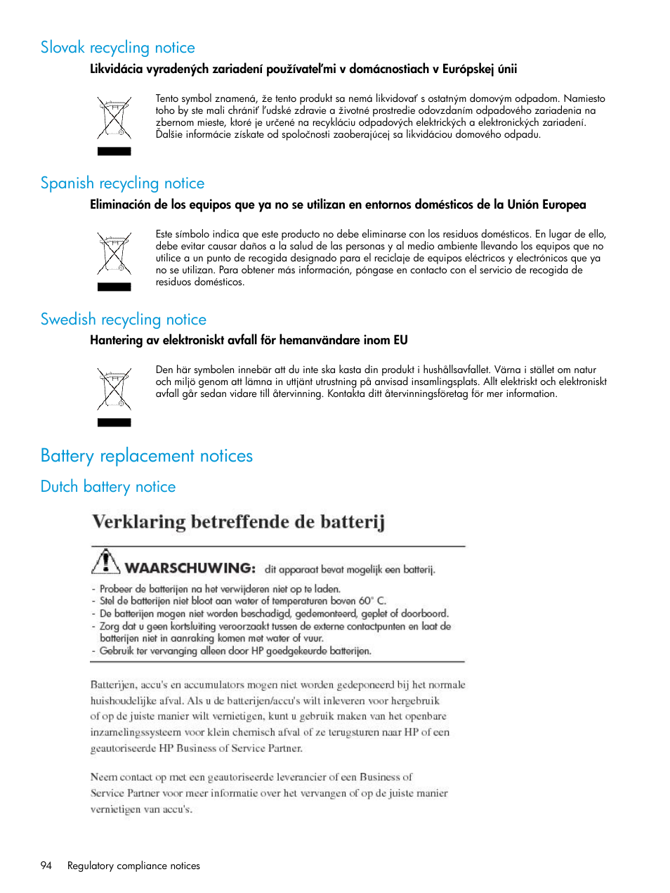 Slovak recycling notice, Spanish recycling notice, Swedish recycling notice | Battery replacement notices, Dutch battery notice | HP 6400.8400 Enterprise Virtual Array User Manual | Page 94 / 150