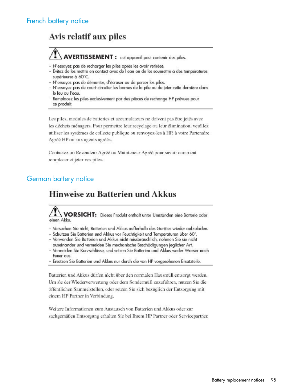 French battery notice, German battery notice, French battery notice german battery notice | HP 6400.8400 Enterprise Virtual Array User Manual | Page 95 / 150