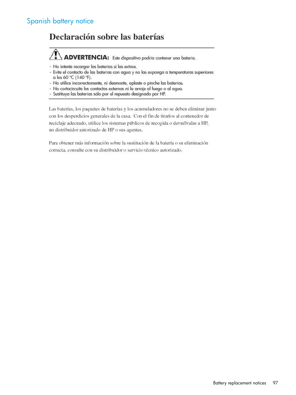 Spanish battery notice | HP 6400.8400 Enterprise Virtual Array User Manual | Page 97 / 150