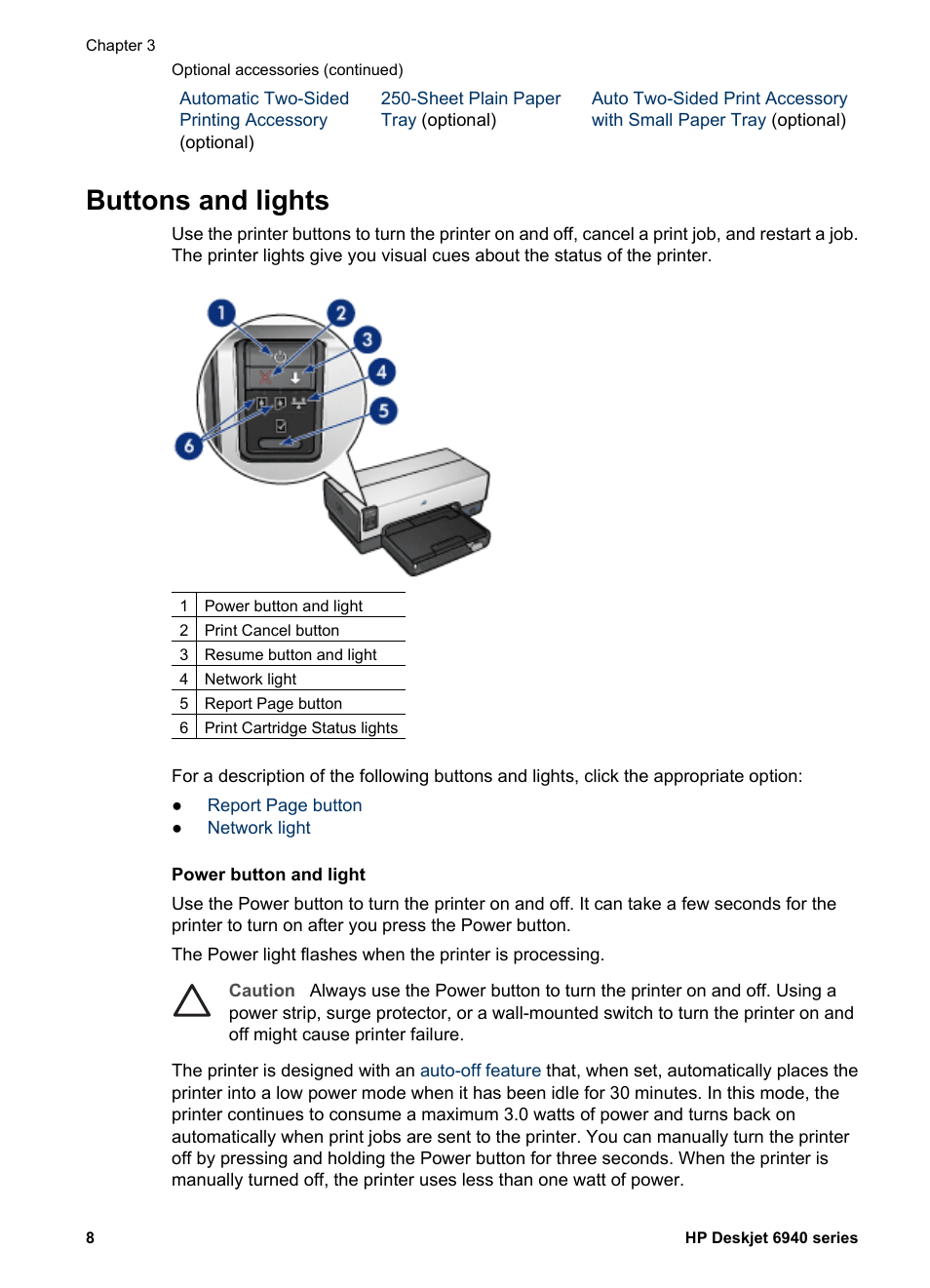 Buttons and lights, Button | HP Deskjet 6943 Printer User Manual | Page 10 / 132