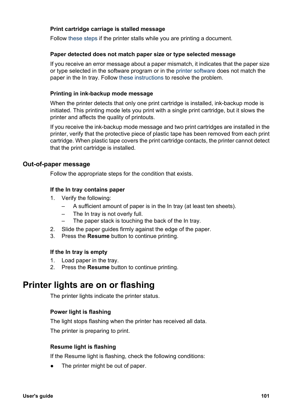 Out-of-paper message, Printer lights are on or flashing, Guidelines | HP Deskjet 6943 Printer User Manual | Page 103 / 132