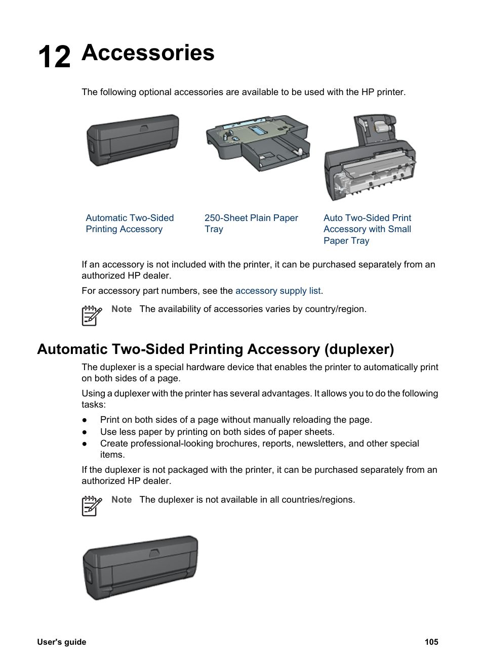 Accessories, Automatic two-sided printing accessory (duplexer), 12 accessories | Optional accessories, Automatic, Two-sided printing accessory, Automatic two-sided printing accessory | HP Deskjet 6943 Printer User Manual | Page 107 / 132