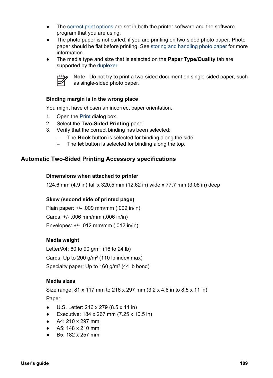 Duplexer specifications | HP Deskjet 6943 Printer User Manual | Page 111 / 132