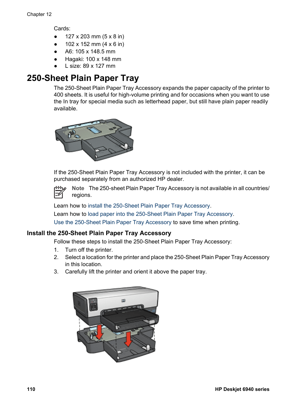 Sheet plain paper tray, Install the 250-sheet plain paper tray accessory, Sheet plain | Paper tray accessory, Sheet plain paper tray accessory | HP Deskjet 6943 Printer User Manual | Page 112 / 132