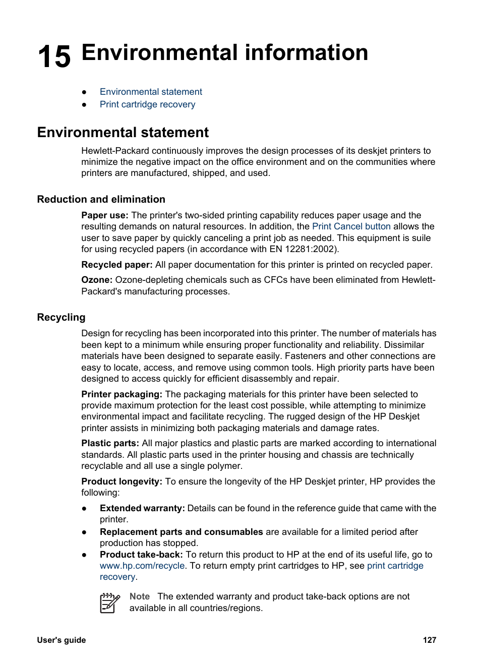 Environmental information, Environmental statement, Reduction and elimination | Recycling, 15 environmental information | HP Deskjet 6943 Printer User Manual | Page 129 / 132