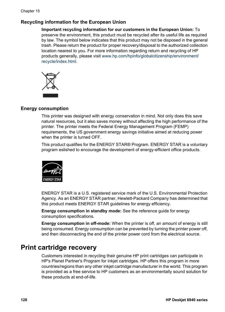 Recycling information for the european union, Energy consumption, Print cartridge recovery | Femp, Print cartridge, Recovery | HP Deskjet 6943 Printer User Manual | Page 130 / 132