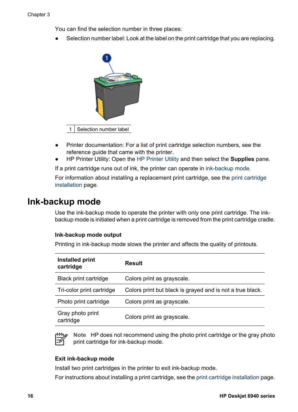 Ink-backup mode | HP Deskjet 6943 Printer User Manual | Page 18 / 132