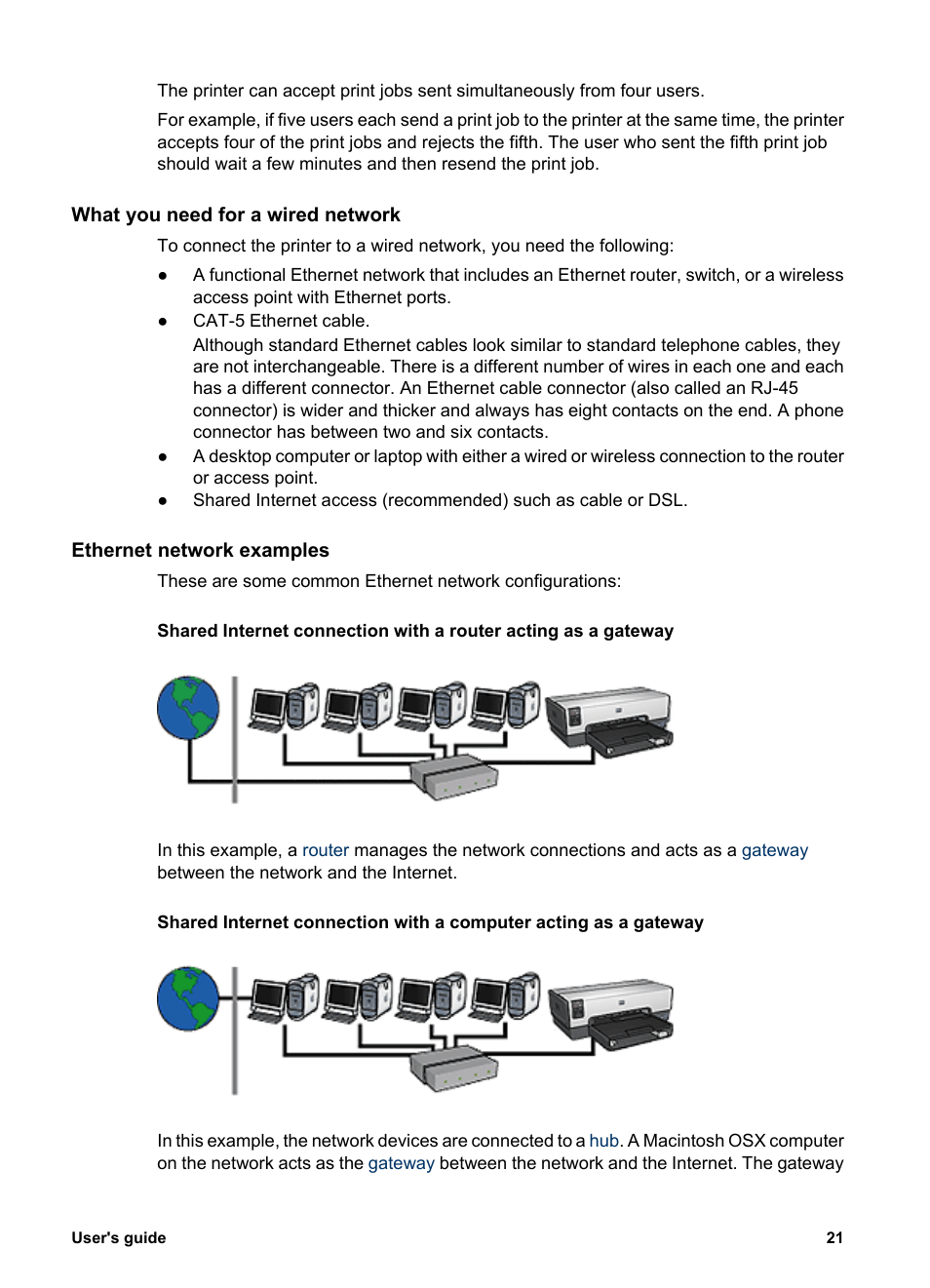 What you need for a wired network, Ethernet network examples | HP Deskjet 6943 Printer User Manual | Page 23 / 132