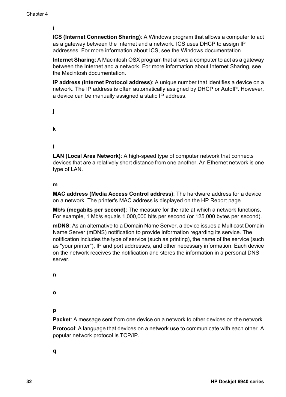 Protocol, Ip address, Is assi | Internet, Sharing, Internet sharing, Media access control (mac) address, The printer's current, Mdns service name, Packets | HP Deskjet 6943 Printer User Manual | Page 34 / 132