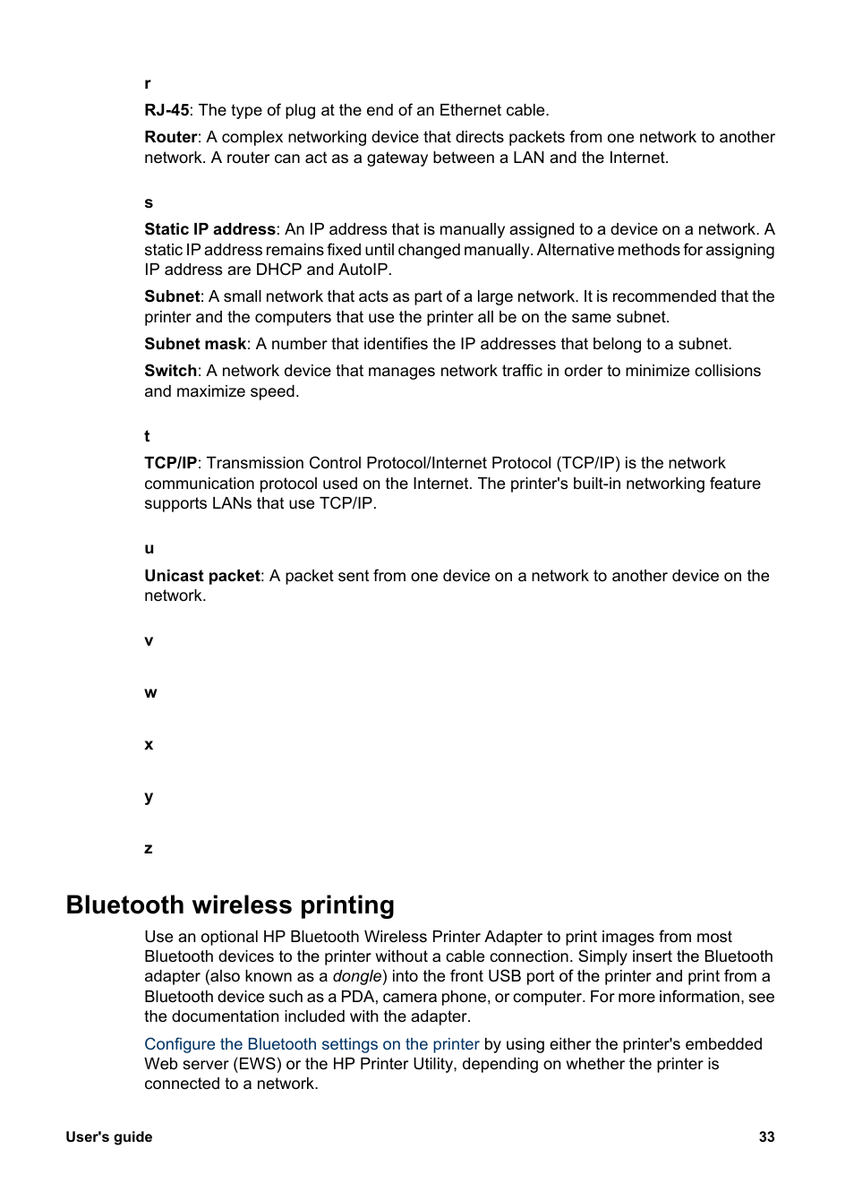 Bluetooth wireless printing, Switch, Router | Tcp/ip, Subnet mask, Subnet | HP Deskjet 6943 Printer User Manual | Page 35 / 132