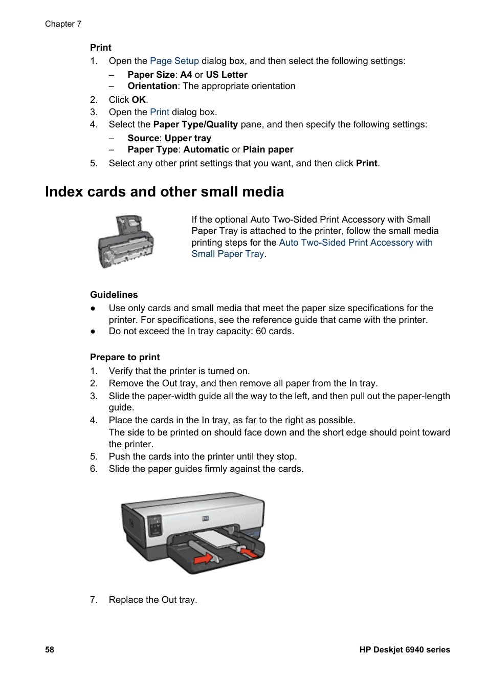 Index cards and other small media, Index cards | HP Deskjet 6943 Printer User Manual | Page 60 / 132