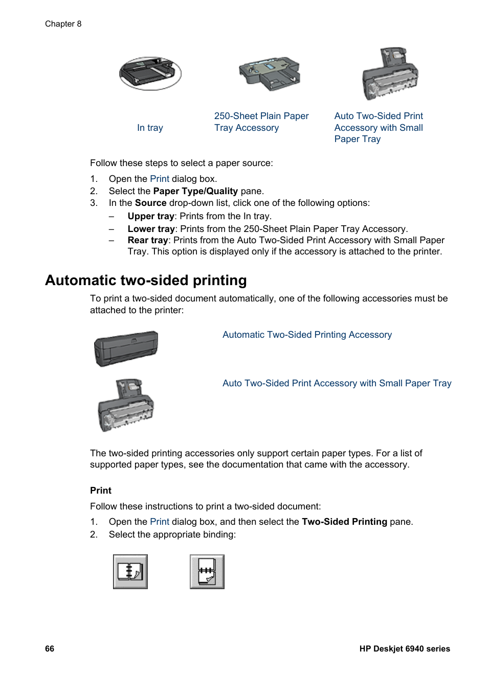 Automatic two-sided printing, Two-sided printing | HP Deskjet 6943 Printer User Manual | Page 68 / 132