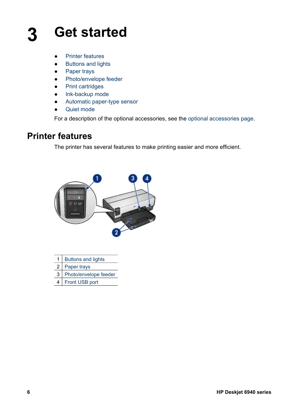 Get started, Printer features, Get started printer features | HP Deskjet 6943 Printer User Manual | Page 8 / 132