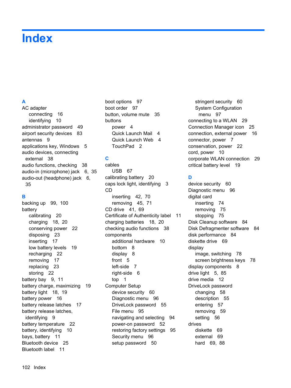 Index | HP Mini 5101 User Manual | Page 112 / 116