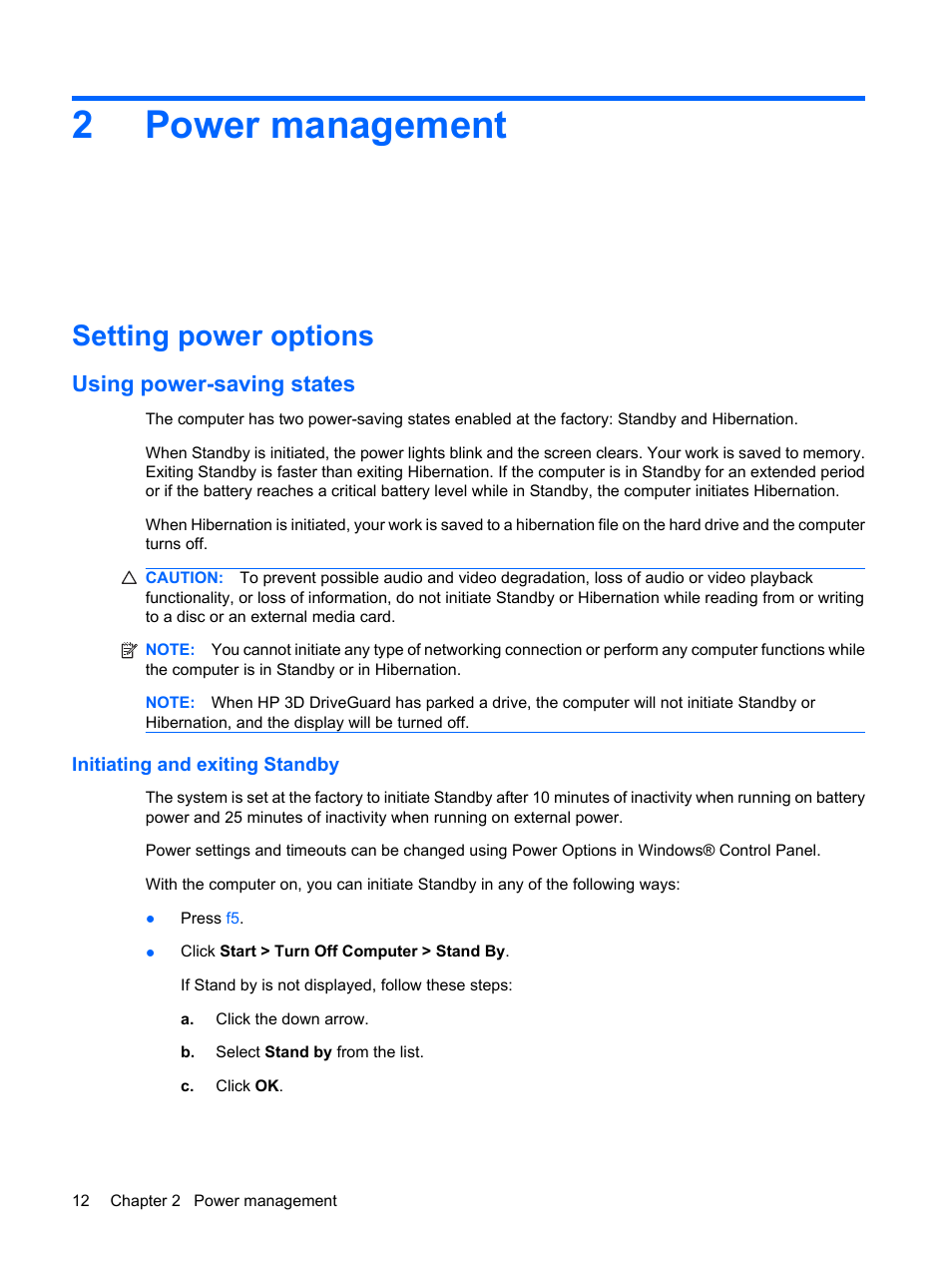 Power management, Setting power options, Using power-saving states | Initiating and exiting standby, 2 power management, 2power management | HP Mini 5101 User Manual | Page 22 / 116