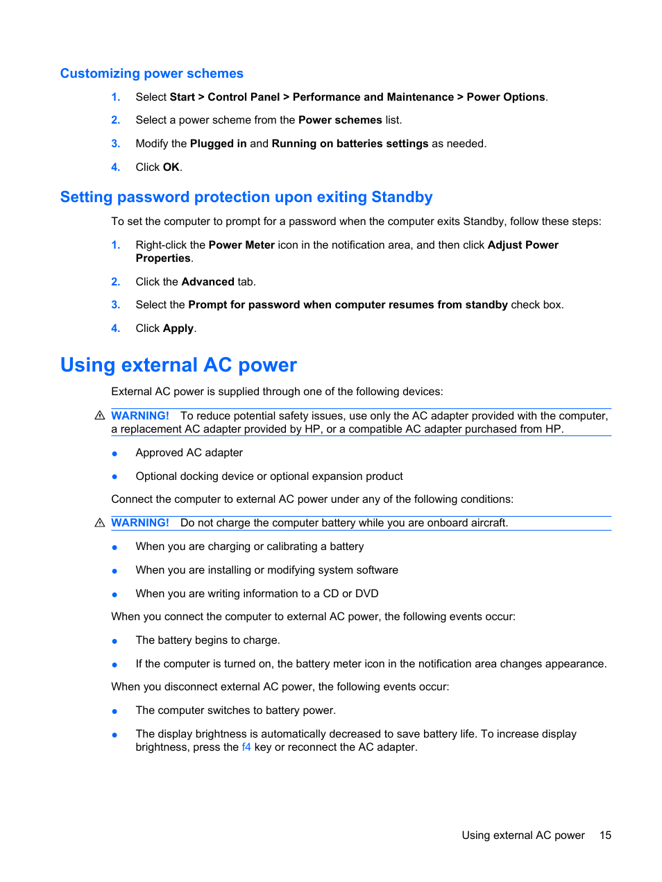 Customizing power schemes, Setting password protection upon exiting standby, Using external ac power | HP Mini 5101 User Manual | Page 25 / 116