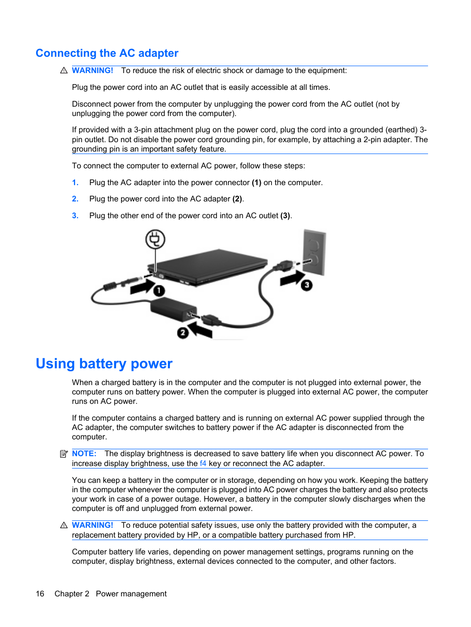 Connecting the ac adapter, Using battery power | HP Mini 5101 User Manual | Page 26 / 116