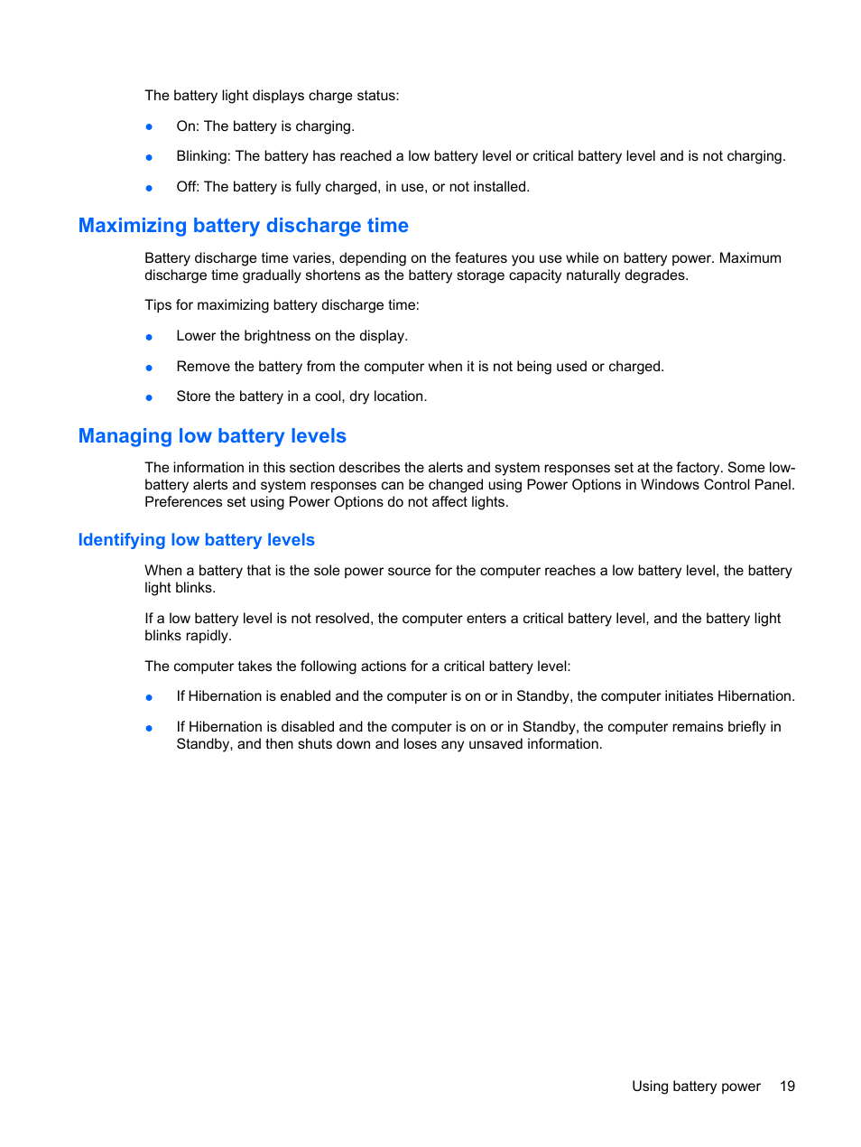 Maximizing battery discharge time, Managing low battery levels, Identifying low battery levels | HP Mini 5101 User Manual | Page 29 / 116