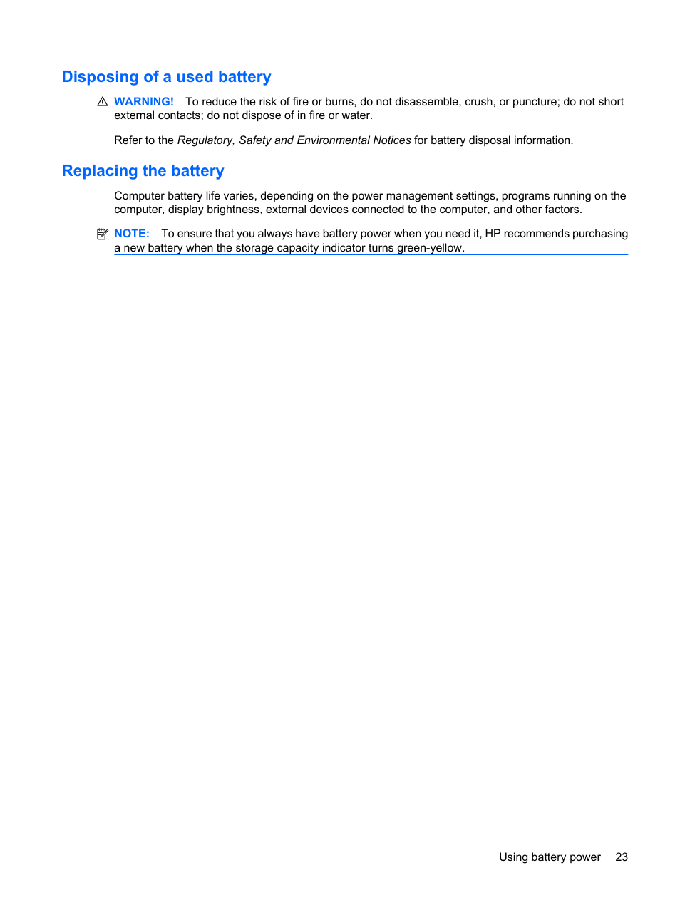 Disposing of a used battery, Replacing the battery, Disposing of a used battery replacing the battery | HP Mini 5101 User Manual | Page 33 / 116