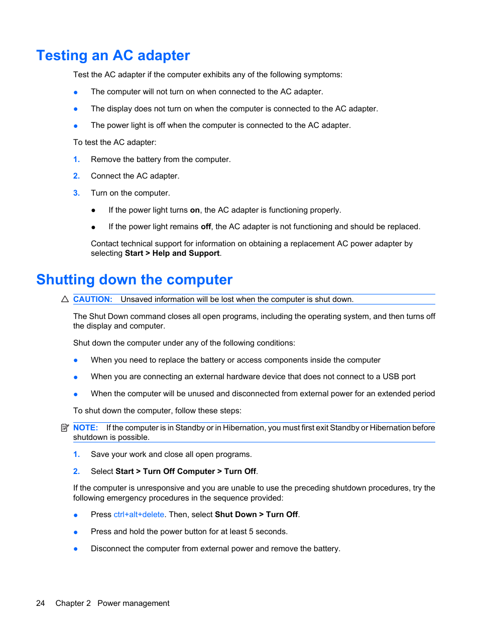 Testing an ac adapter, Shutting down the computer, Testing an ac adapter shutting down the computer | HP Mini 5101 User Manual | Page 34 / 116