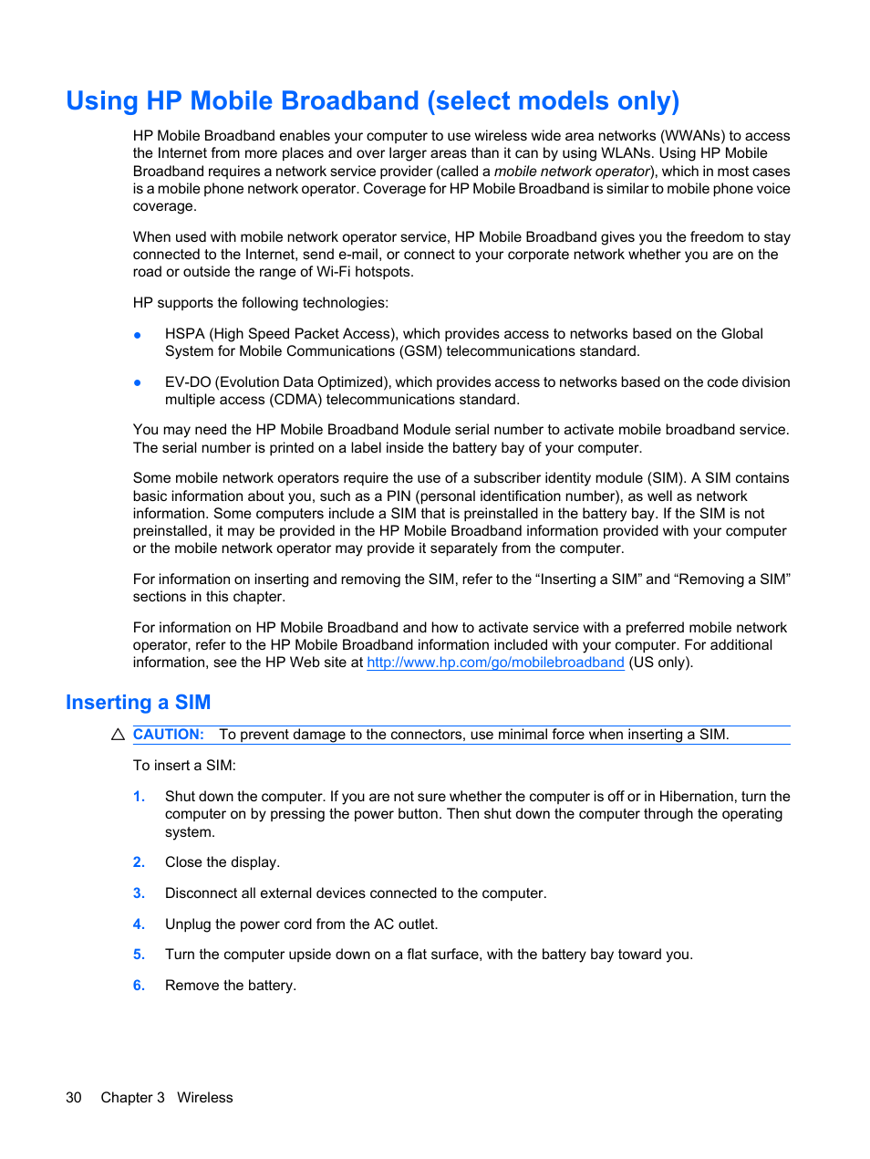 Using hp mobile broadband (select models only), Inserting a sim | HP Mini 5101 User Manual | Page 40 / 116