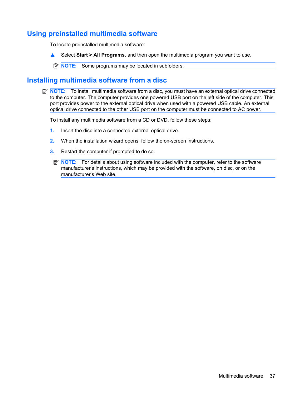 Using preinstalled multimedia software, Installing multimedia software from a disc | HP Mini 5101 User Manual | Page 47 / 116