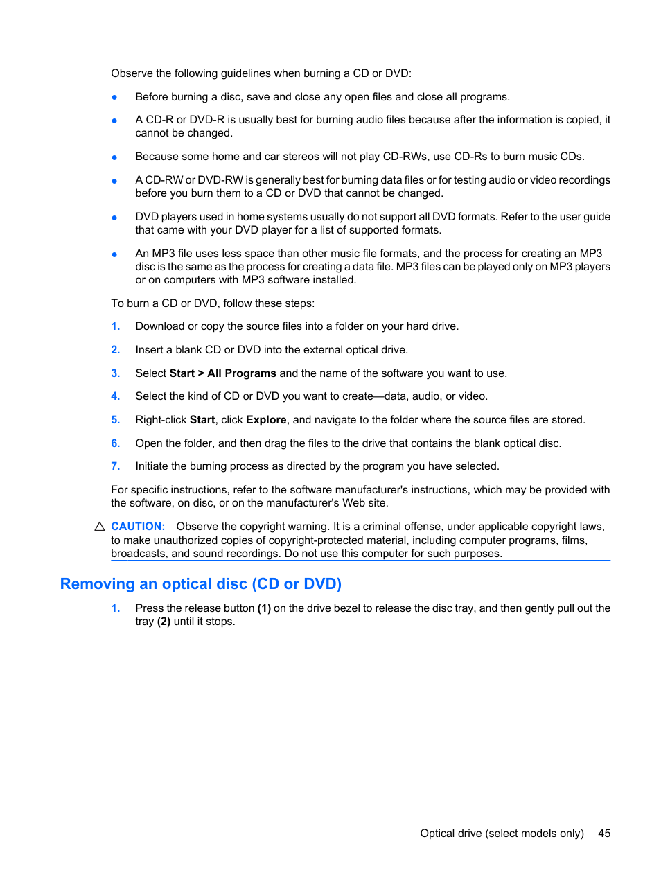 Removing an optical disc (cd or dvd) | HP Mini 5101 User Manual | Page 55 / 116