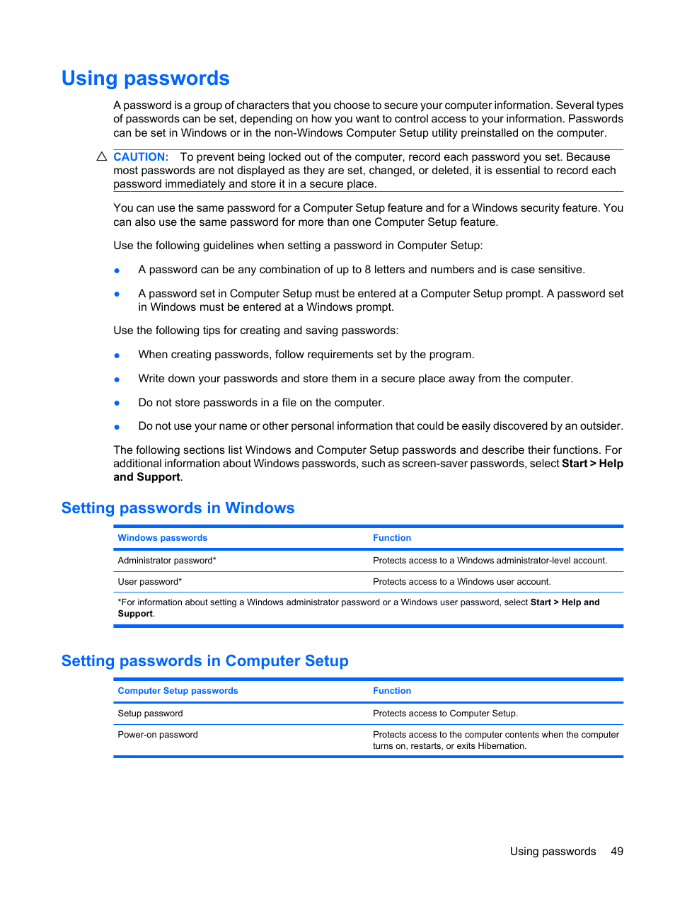 Using passwords, Setting passwords in windows, Setting passwords in computer setup | HP Mini 5101 User Manual | Page 59 / 116