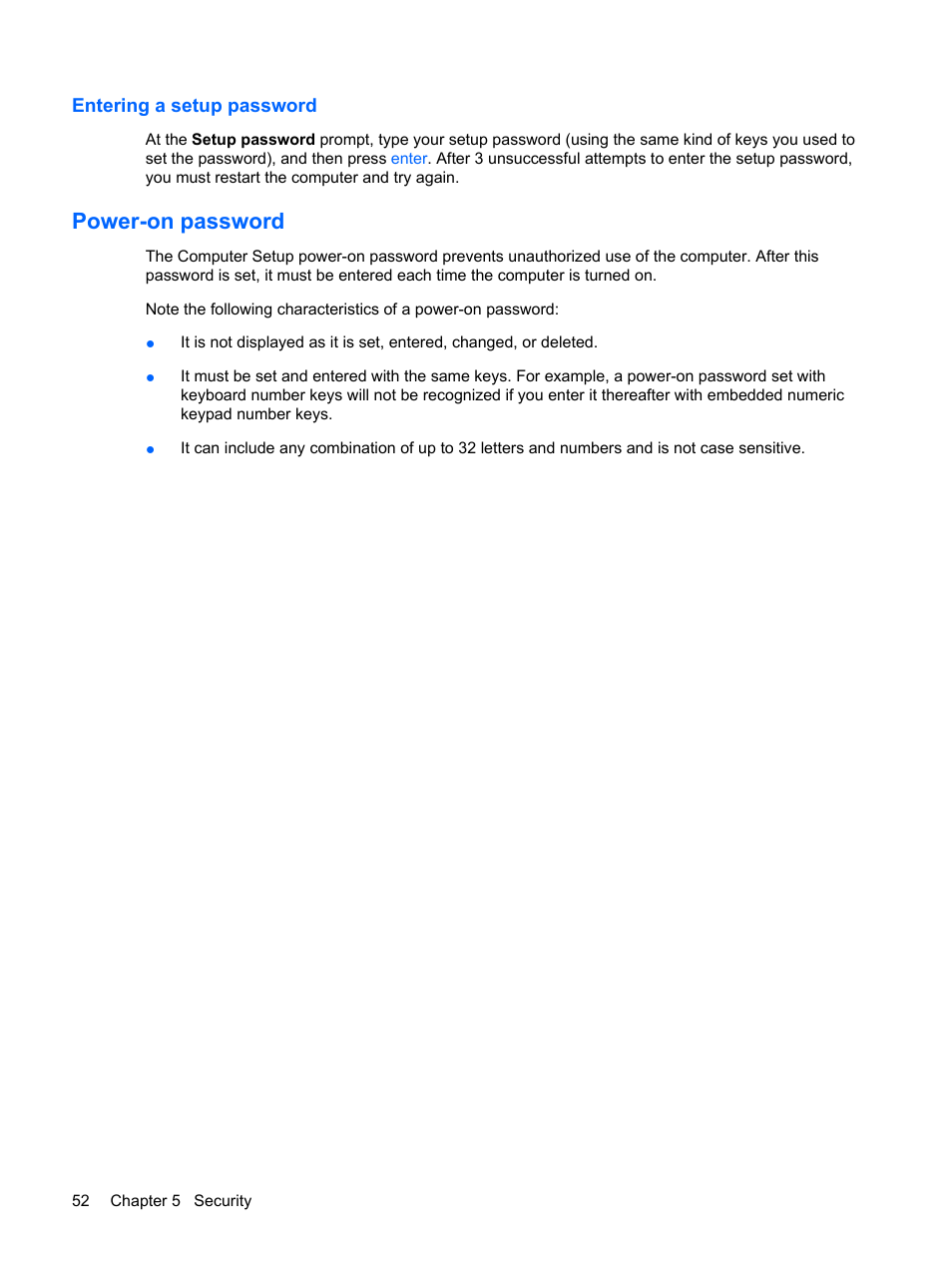 Entering a setup password, Power-on password | HP Mini 5101 User Manual | Page 62 / 116