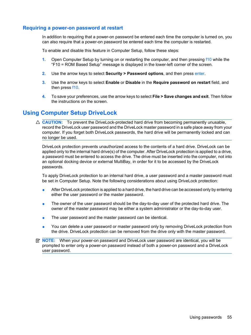 Requiring a power-on password at restart, Using computer setup drivelock | HP Mini 5101 User Manual | Page 65 / 116
