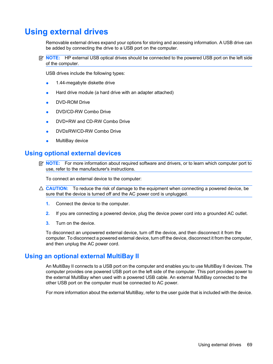 Using external drives, Using optional external devices, Using an optional external multibay ii | HP Mini 5101 User Manual | Page 79 / 116