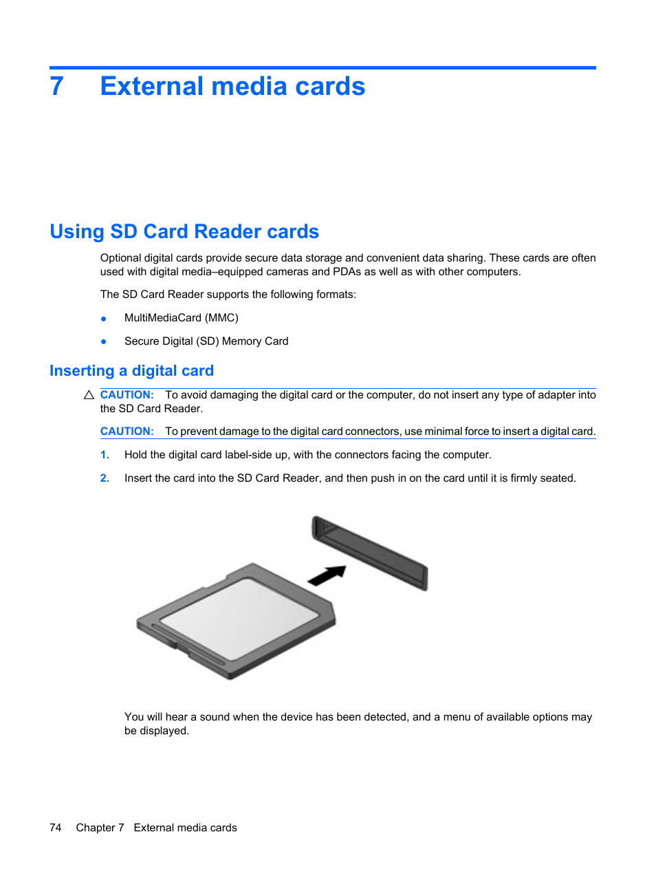 External media cards, Using sd card reader cards, Inserting a digital card | 7 external media cards, 7external media cards | HP Mini 5101 User Manual | Page 84 / 116