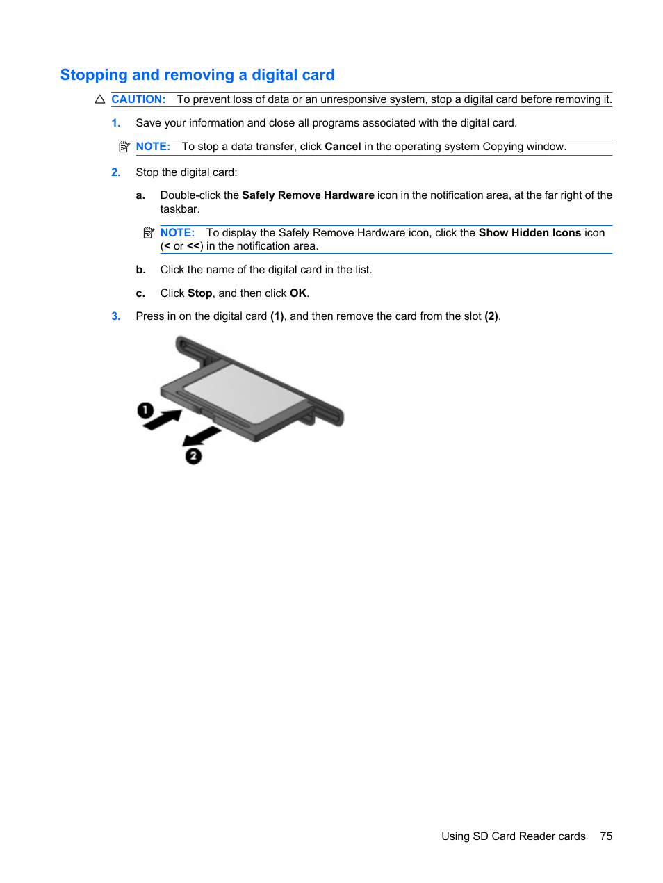 Stopping and removing a digital card | HP Mini 5101 User Manual | Page 85 / 116