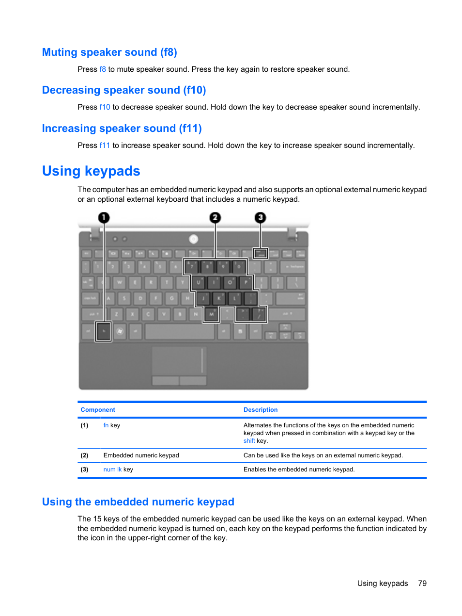 Muting speaker sound (f8), Decreasing speaker sound (f10), Increasing speaker sound (f11) | Using keypads, Using the embedded numeric keypad | HP Mini 5101 User Manual | Page 89 / 116