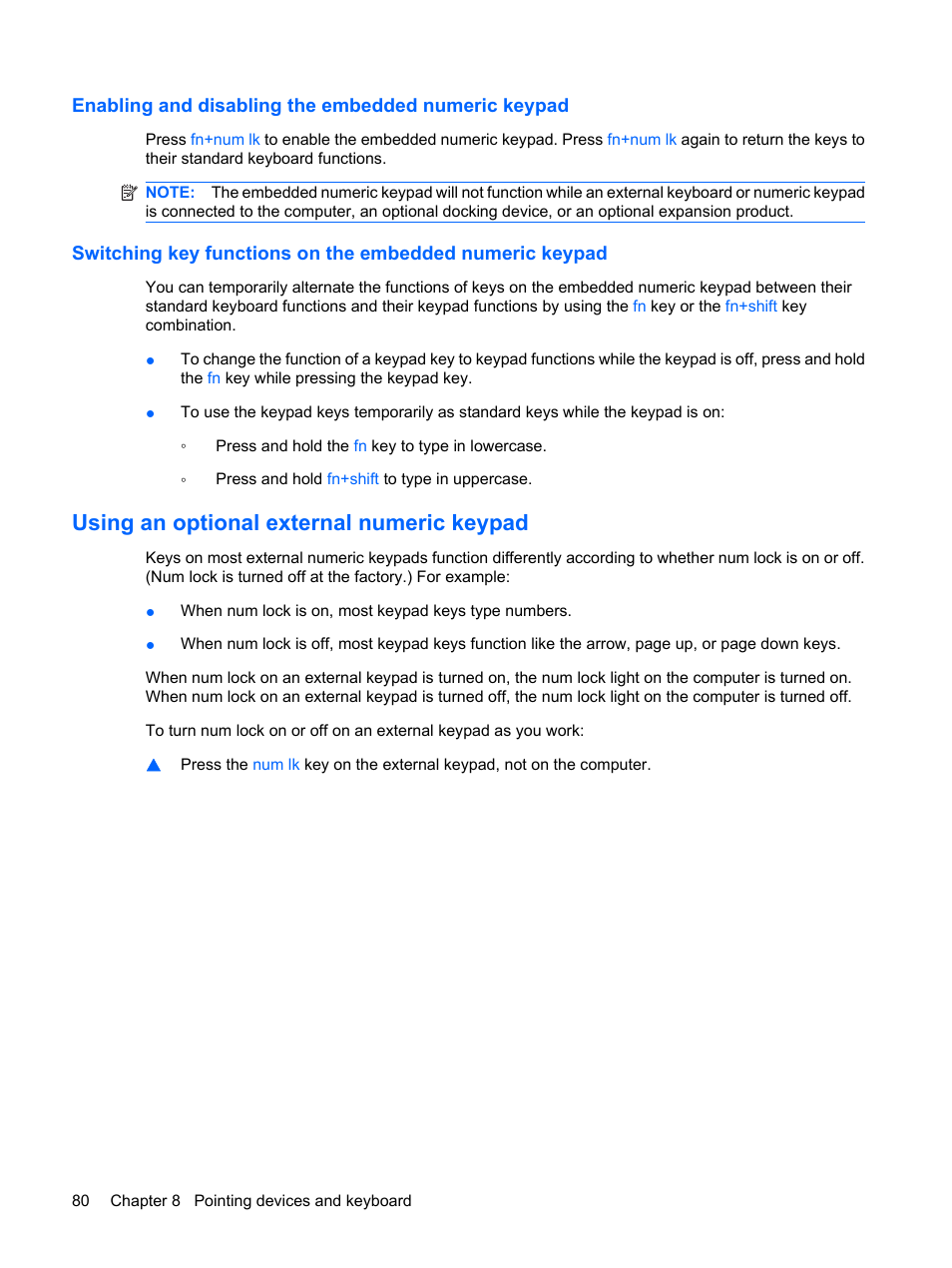 Enabling and disabling the embedded numeric keypad, Using an optional external numeric keypad | HP Mini 5101 User Manual | Page 90 / 116