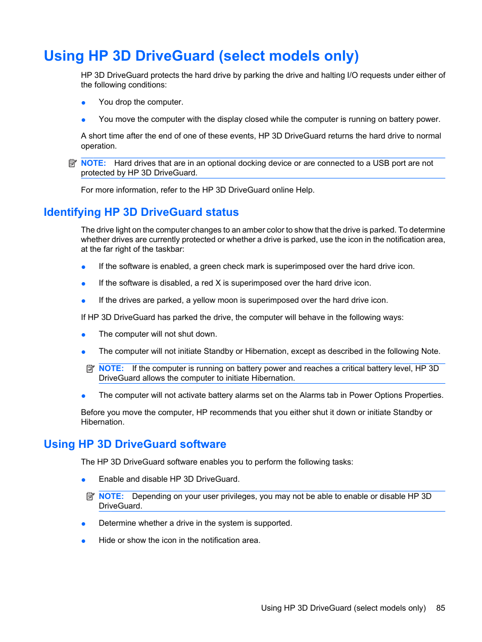 Using hp 3d driveguard (select models only), Identifying hp 3d driveguard status, Using hp 3d driveguard software | HP Mini 5101 User Manual | Page 95 / 116