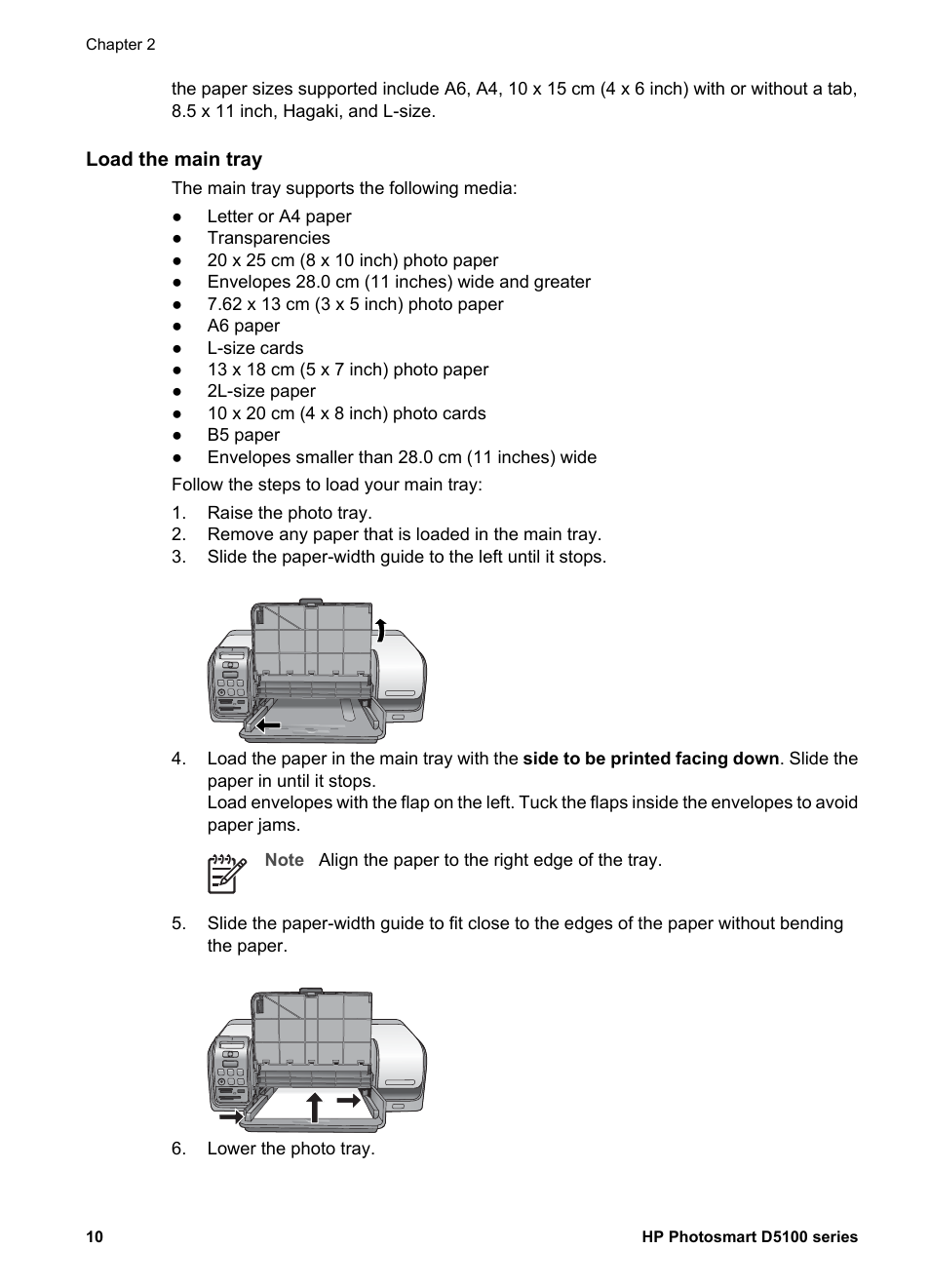 Load the main tray | HP Photosmart D5160 Printer User Manual | Page 13 / 59