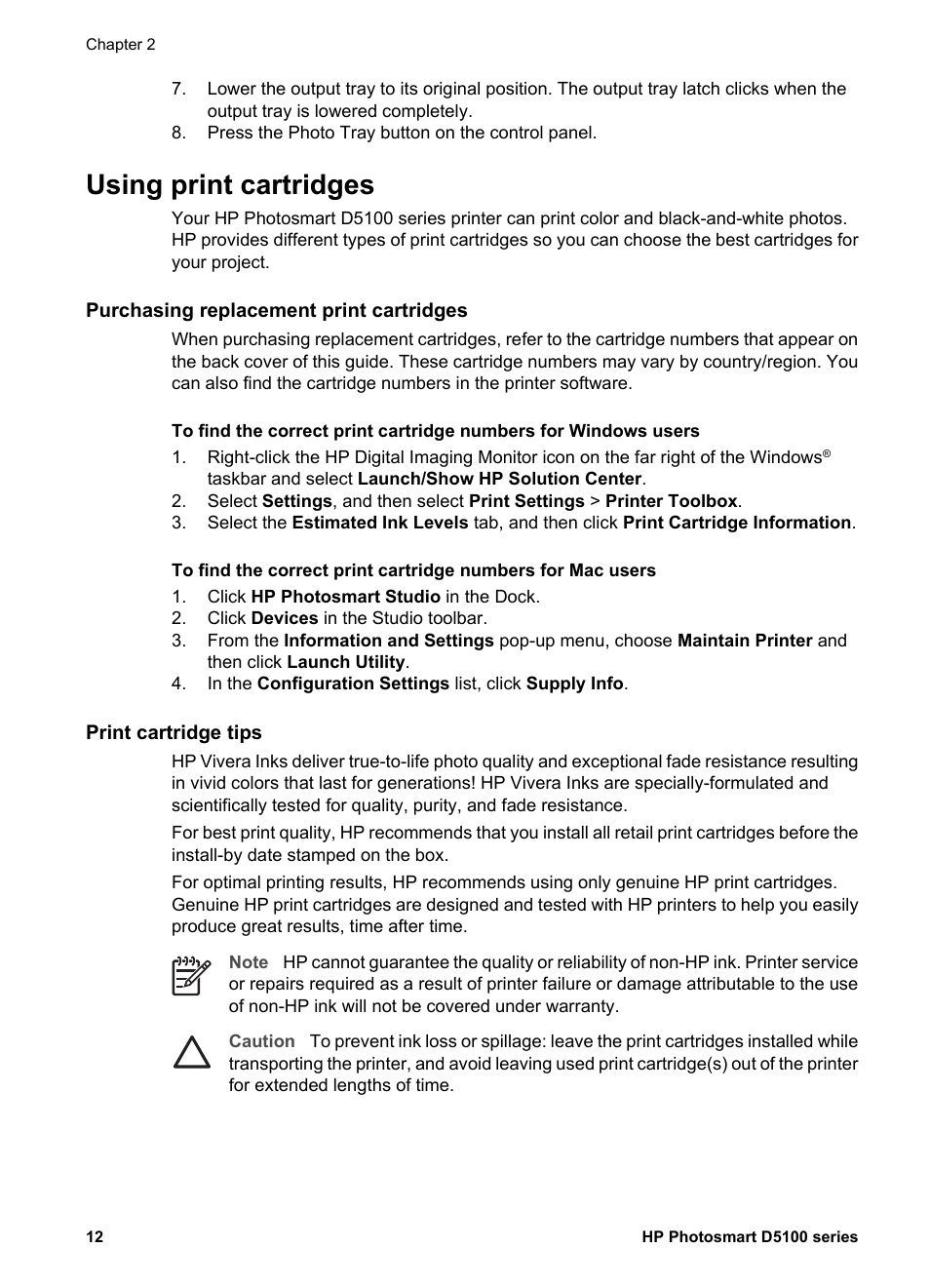 Using print cartridges, Purchasing replacement print cartridges, Print cartridge tips | HP Photosmart D5160 Printer User Manual | Page 15 / 59