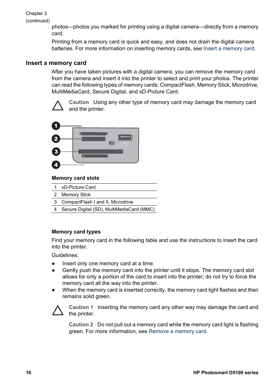 Insert a memory card, Memory card types | HP Photosmart D5160 Printer User Manual | Page 19 / 59