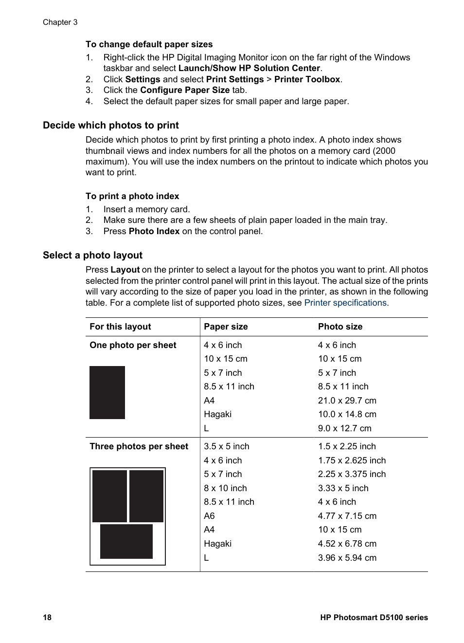 Decide which photos to print, Select a photo layout | HP Photosmart D5160 Printer User Manual | Page 21 / 59