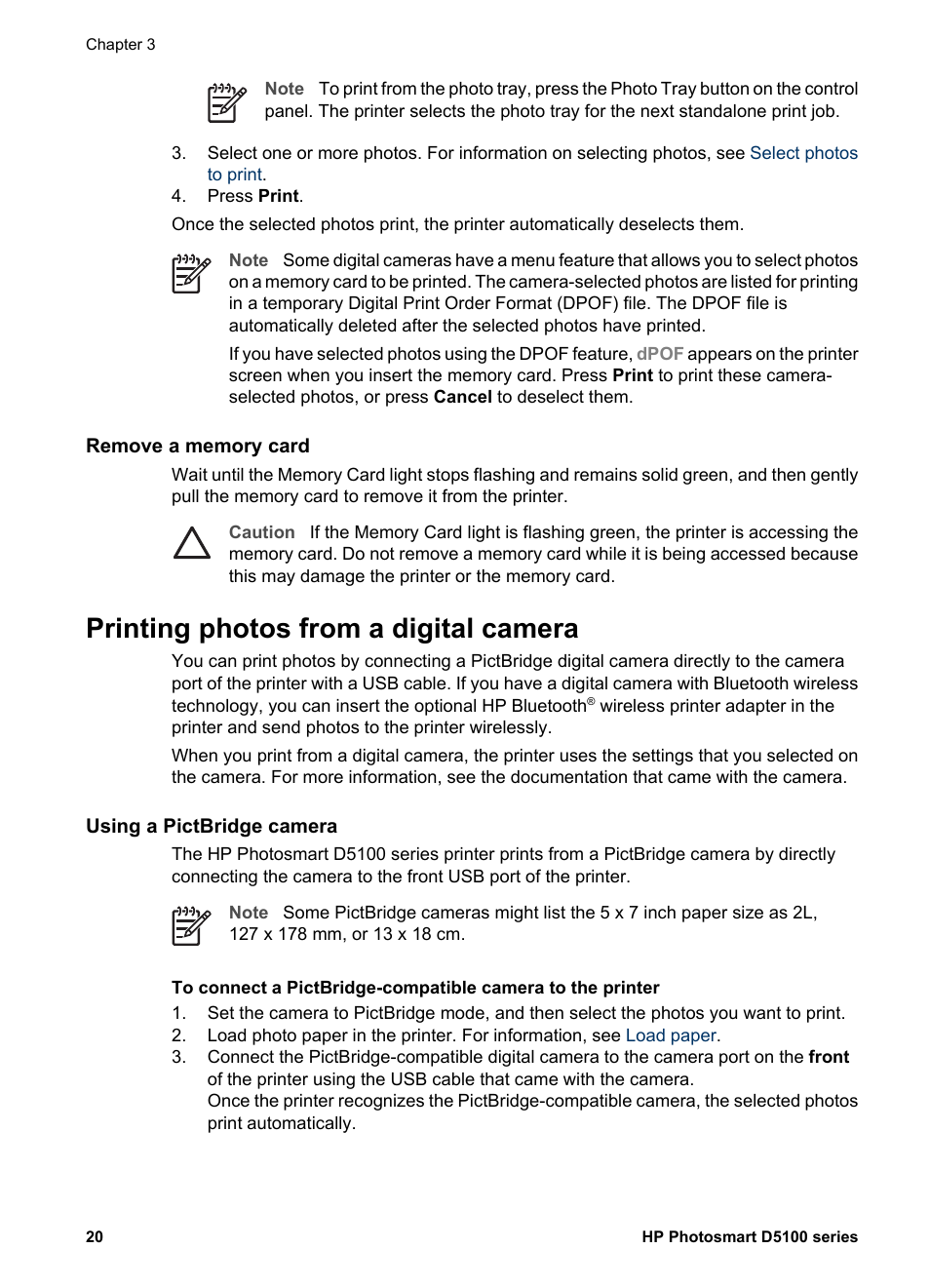 Remove a memory card, Printing photos from a digital camera, Using a pictbridge camera | Using a pictbridge camera using a bluetooth camera, Printing photos from a, Digital camera | HP Photosmart D5160 Printer User Manual | Page 23 / 59